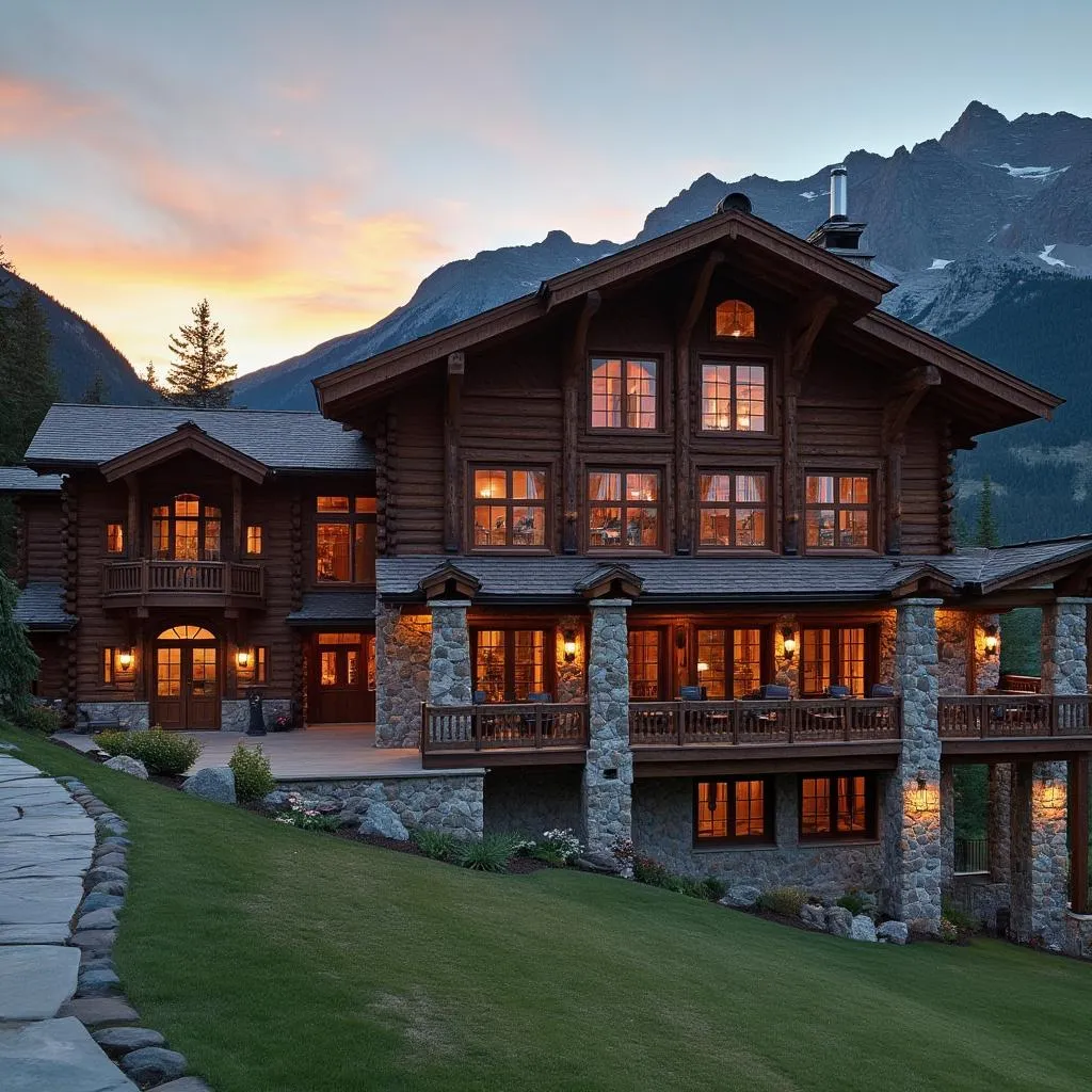 Fachada principal del lodge al atardecer