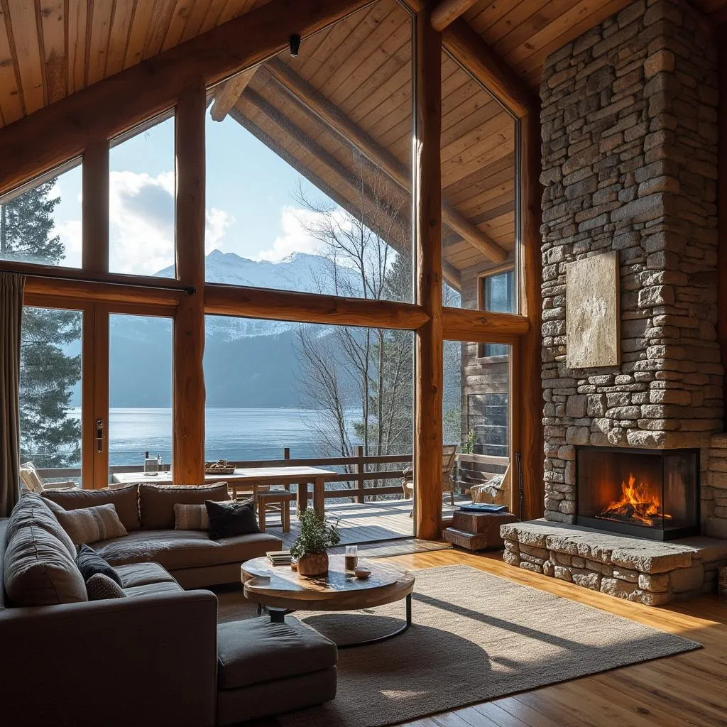 Interior acogedor del lodge con elementos de diseño alpino